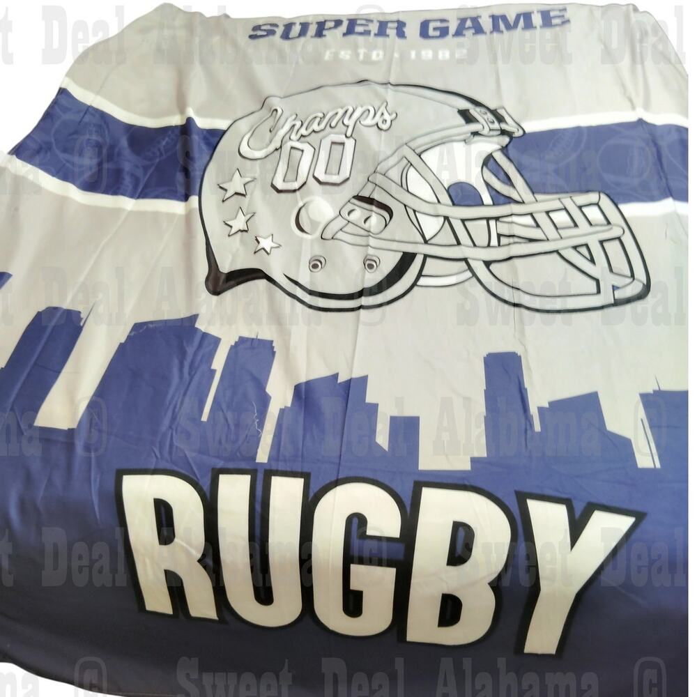 Fitted and Top Sheet, Twin Size - Super Game / Rugby Theme, Blue/Gray
